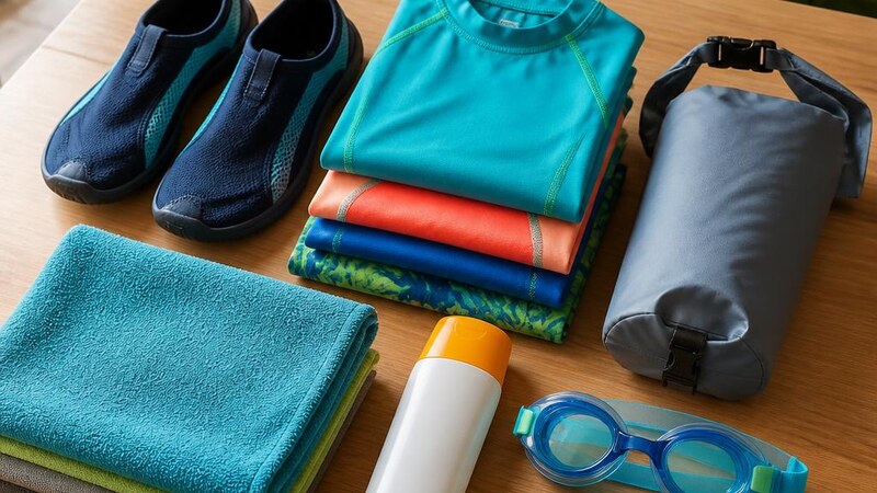 Water shoes, rash guards, and a dry bag laid out for a cenote day