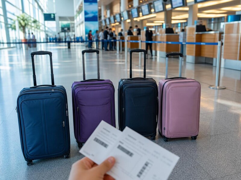 Family carry-on suitcases lined up in an airport check-in hall with boarding passes in a parent's hand