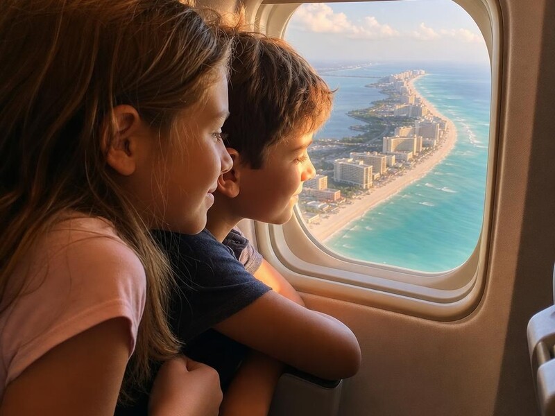 Two children looking out an airplane window at the turquoise Caribbean Sea while descending toward Cancún