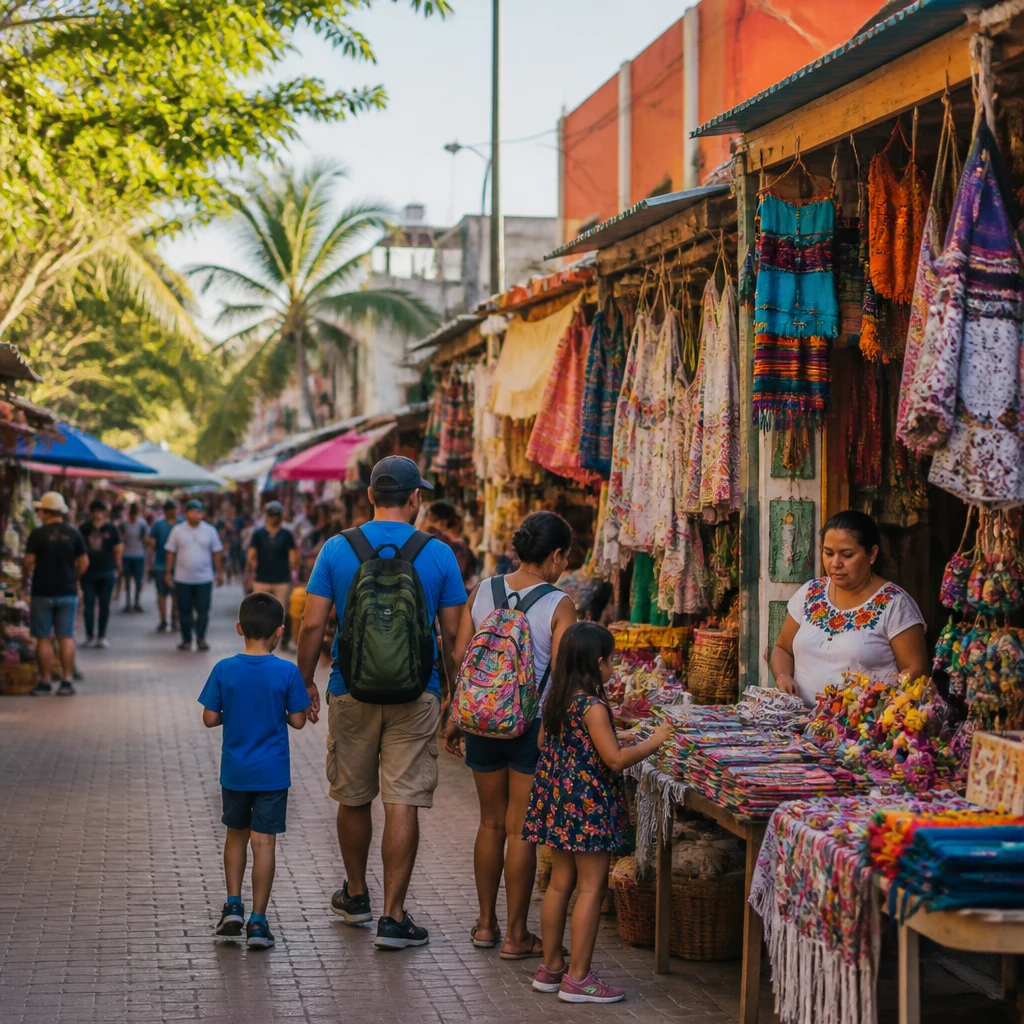 Family exploring a local market in downtown Cancún, authentic atmosphere.