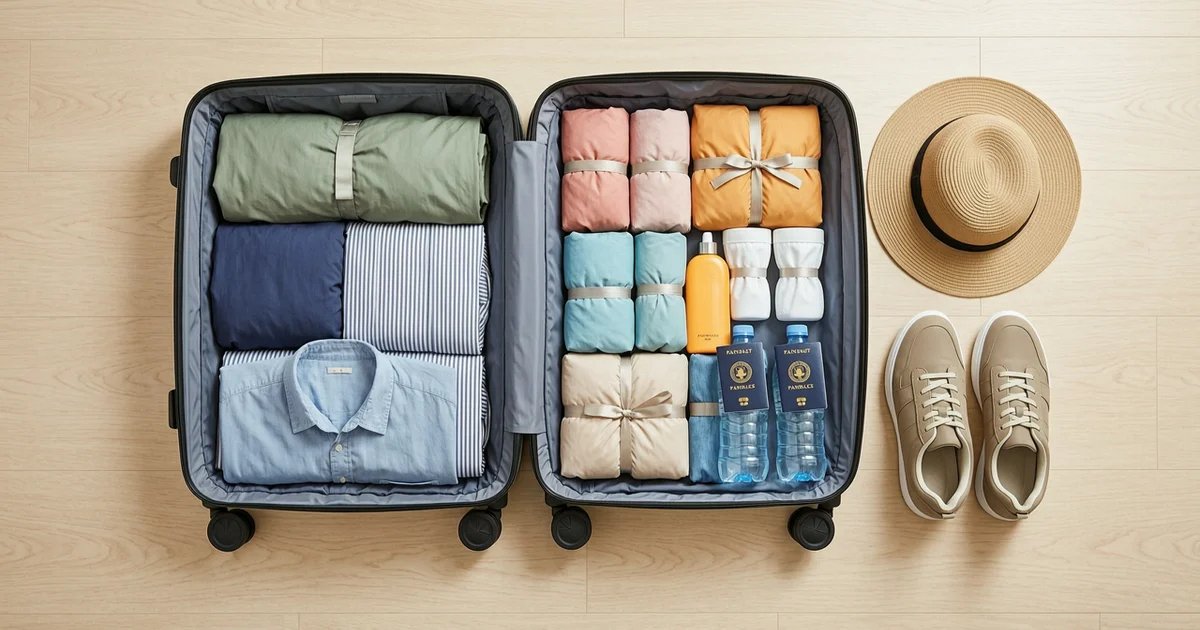 Neatly organized family travel packing with luggage