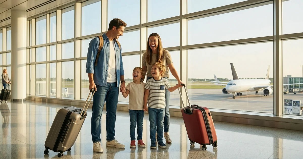 Family at airport terminal with rolling luggage