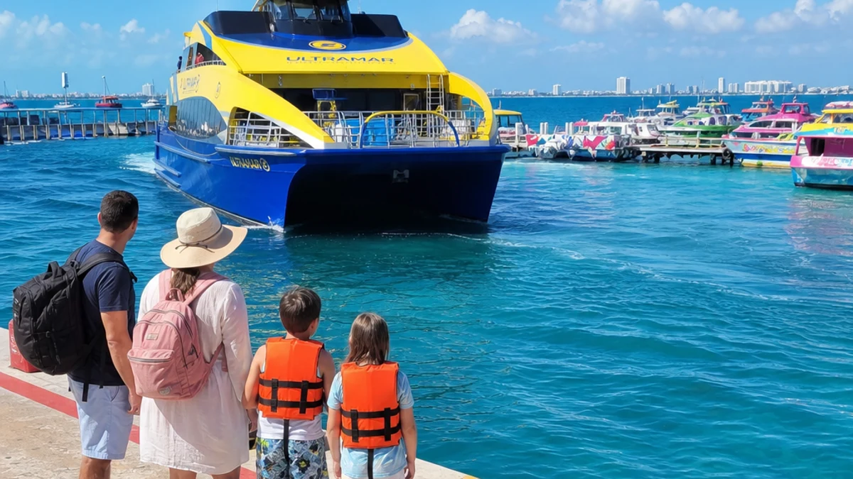 Family waiting for ferry to Isla Mujeres at Puerto Juarez