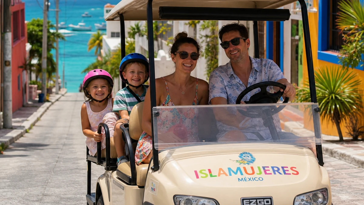 Family in a golf cart exploring Isla Mujeres