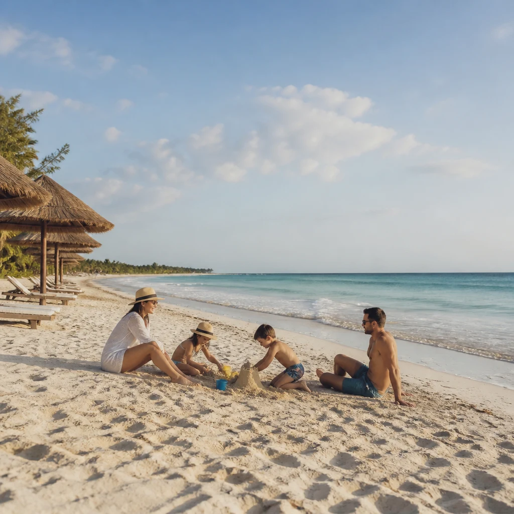 Quiet Playa Mujeres beach with a family building sandcastles.