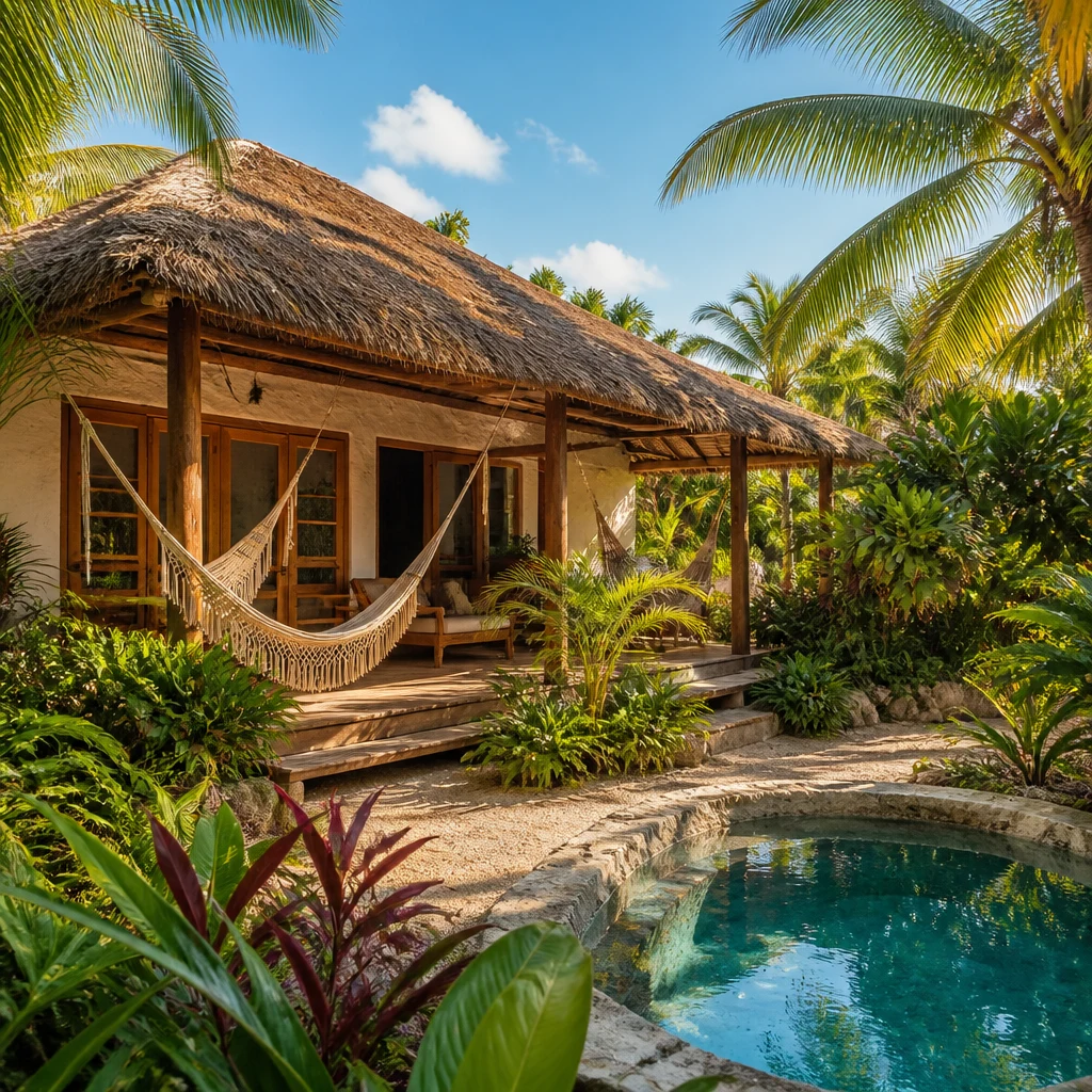 Family-friendly eco-lodge in Puerto Morelos with bungalow and pool.