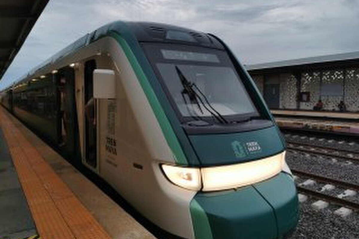 Tren Maya train alongside Yucatan jungle at golden hour
