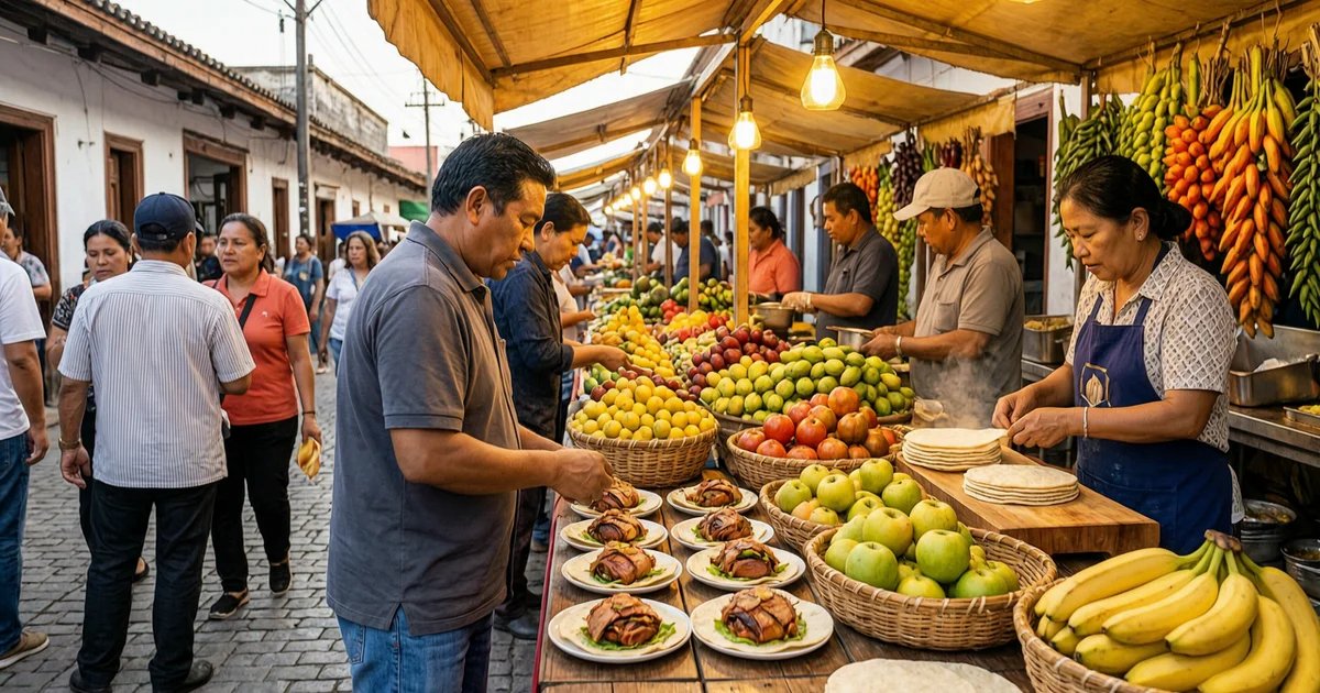 Colorful Mexican market with fresh produce and food stalls