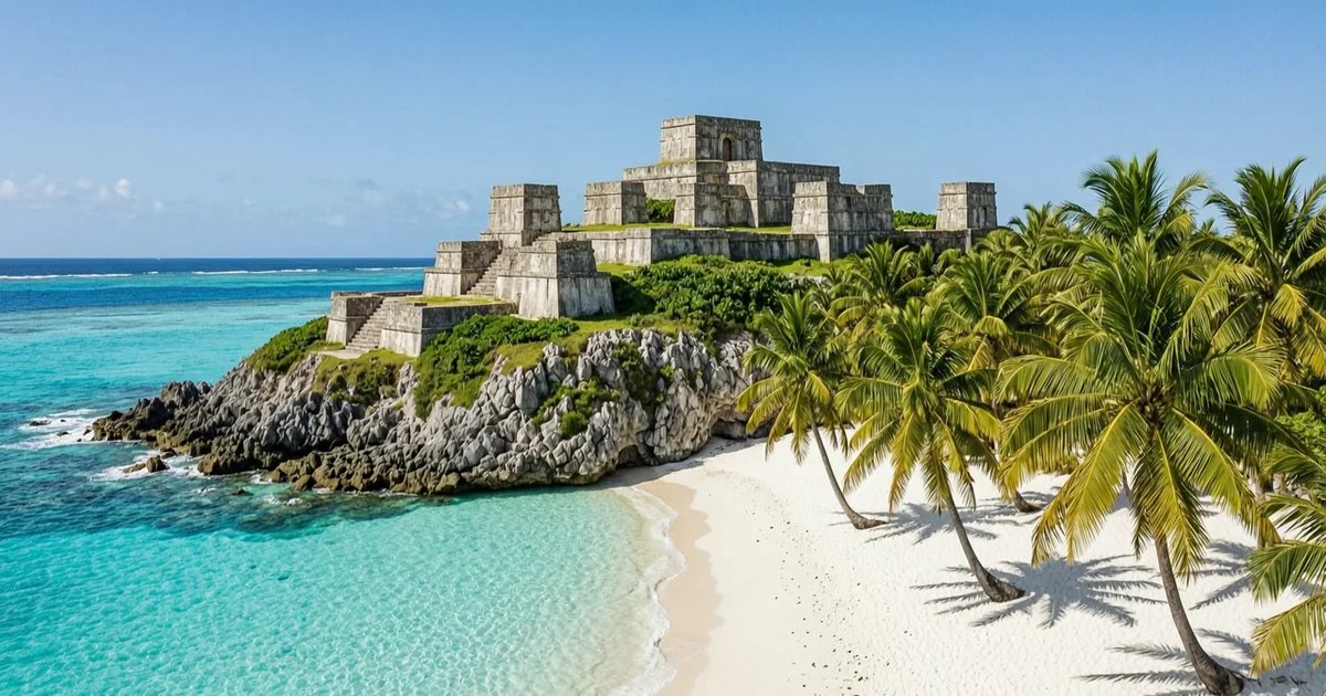 Tulum beach with ancient Mayan ruins perched on cliff