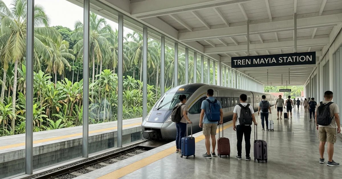Tren Maya station platform with travelers and luggage