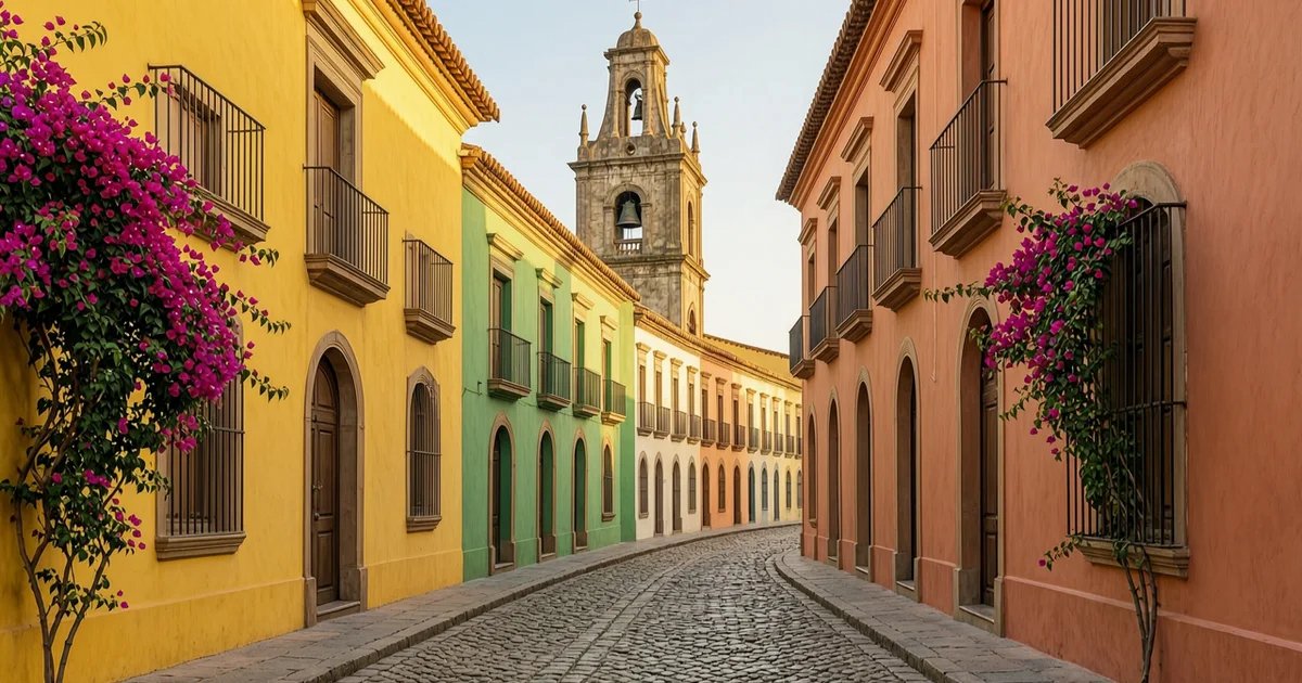 Valladolid colonial cobblestone streets with bougainvillea