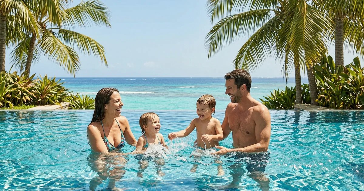 Happy family splashing in tropical resort infinity pool