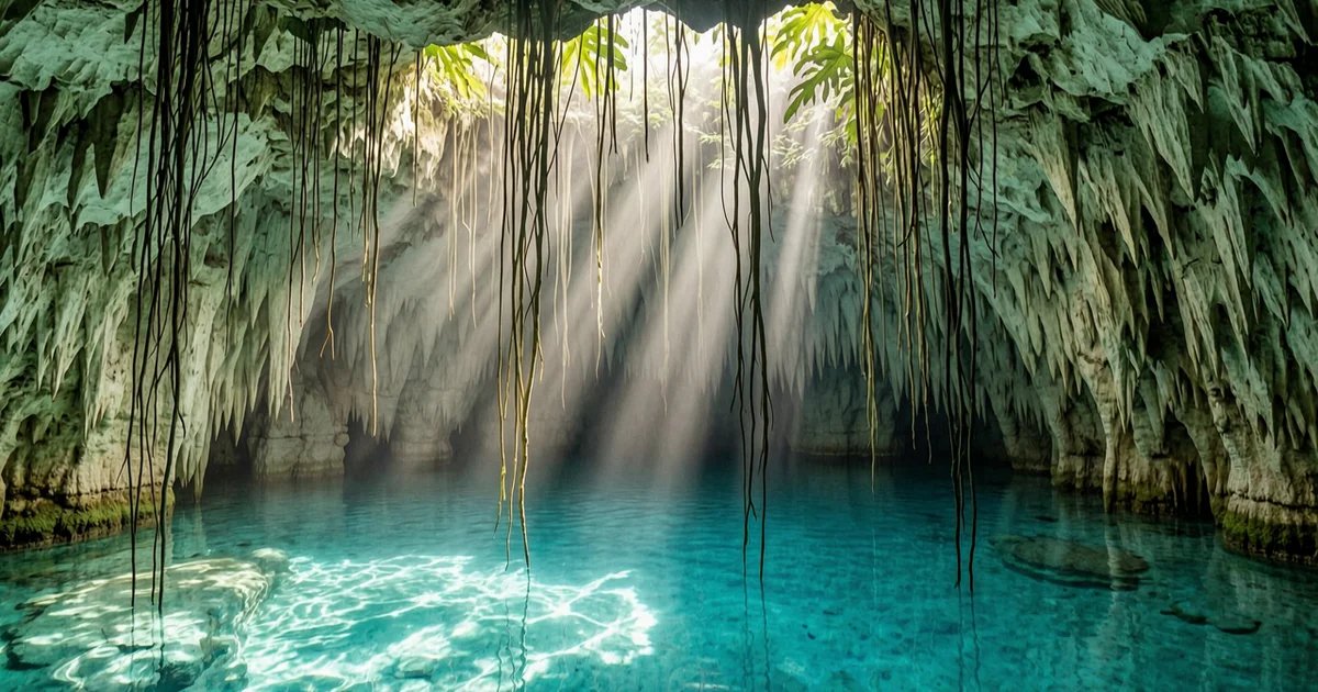 Underground cenote with turquoise water and cave formations