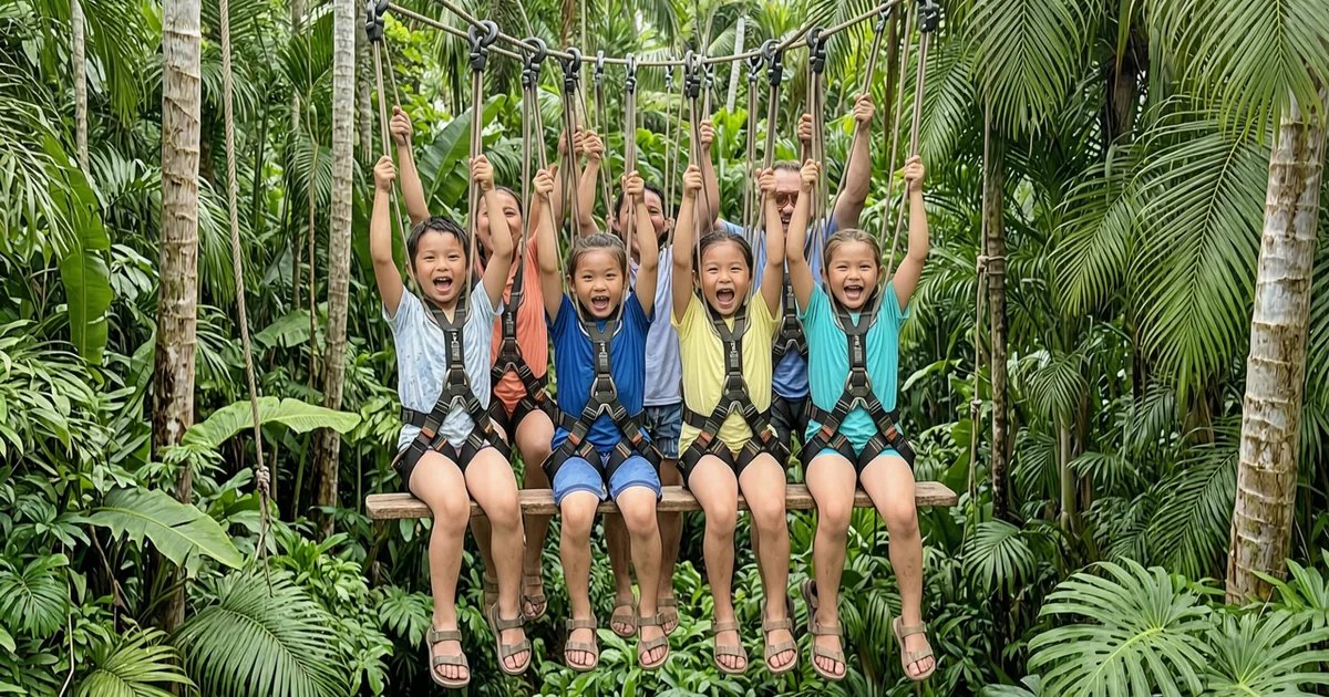 Children ziplining through lush green jungle eco-park