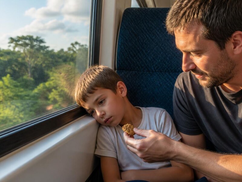 Tired young boy resting his head on a train window while dad hands him a snack