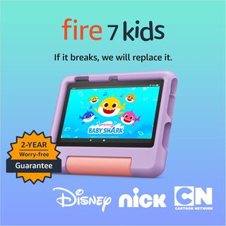Amazon Fire 7 Kids Edition tablet in purple case with Baby Shark on screen