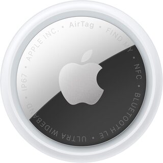 Apple AirTag tracker showing Apple logo and Find My branding