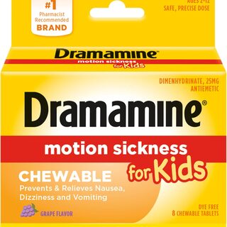Dramamine for Kids chewable motion sickness tablets in yellow box