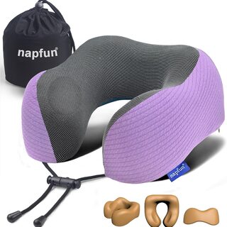 NAPFUN memory foam travel neck pillow in purple with carry bag