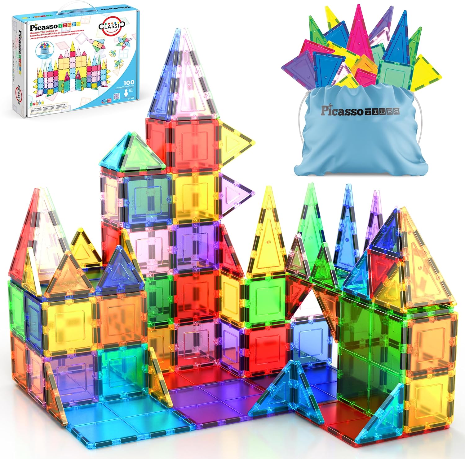 PicassoTiles 100-piece magnetic building tiles set for kids