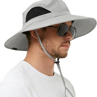 Wide-brim UPF 50+ packable sun hat in light grey with chin strap